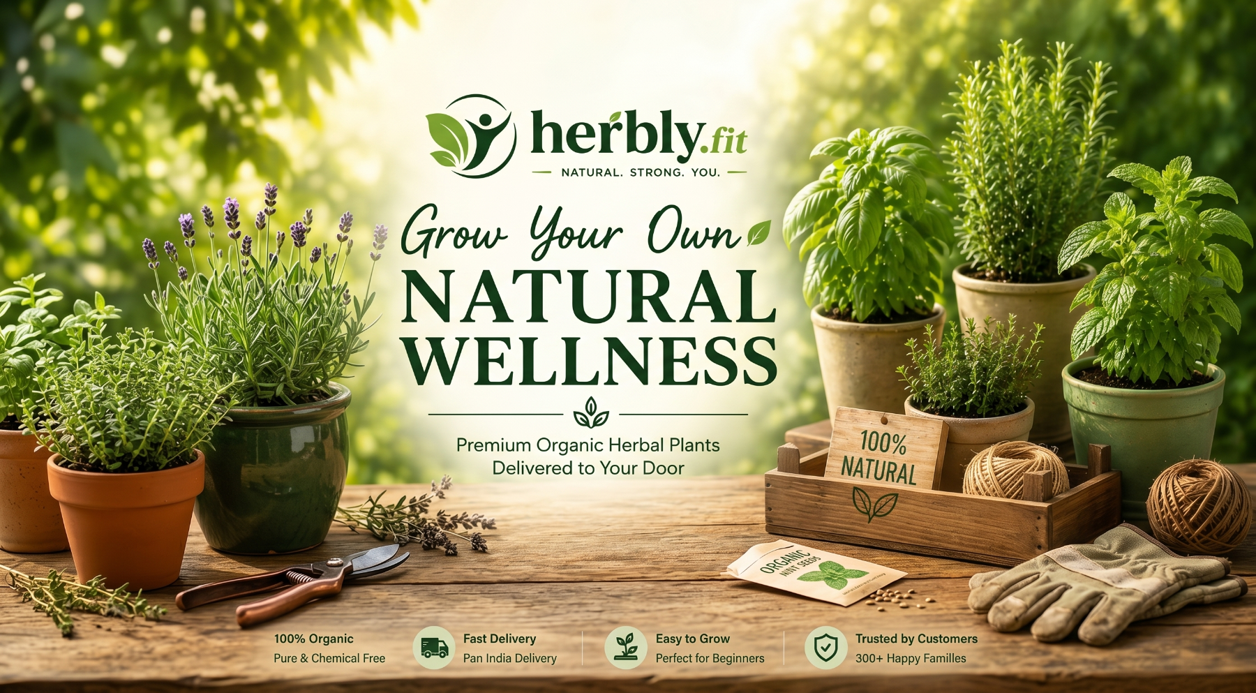 Herbly plant delivery service with potted herbs and gardening tools on a wooden table.